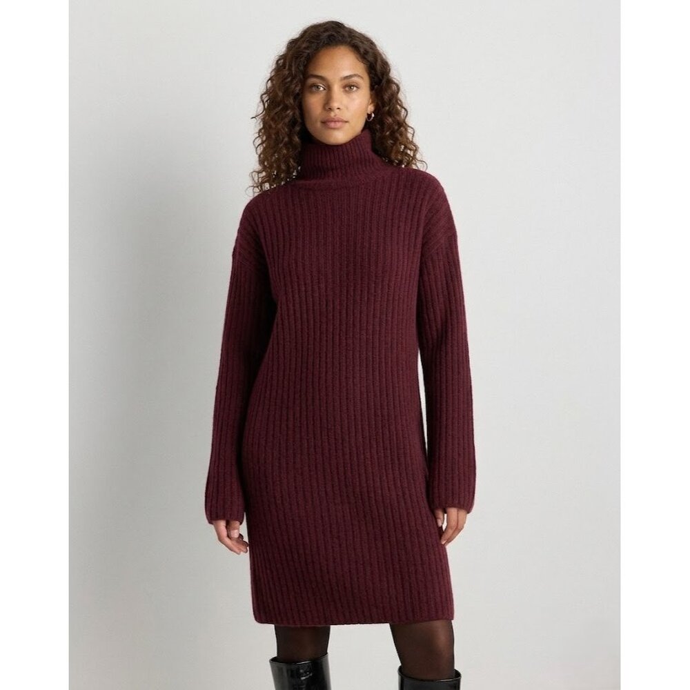 NWT Quince Mongolian Cashmere Ribbed Turtleneck Rich Burgundy Sweater Dress XS